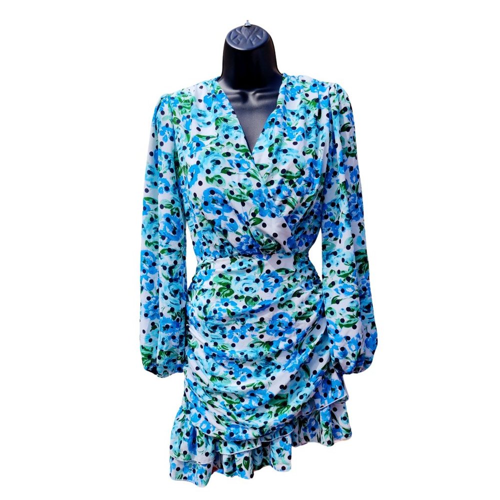 Romantic Blue Floral Polka Dot Ruched Ruffle Mini Dress Open Back US 4 - Picture 3 of 10